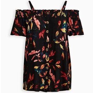 Torrid Gauze Smocked Cold-Shoulder Blouse Plus Size 1X Leaf Print